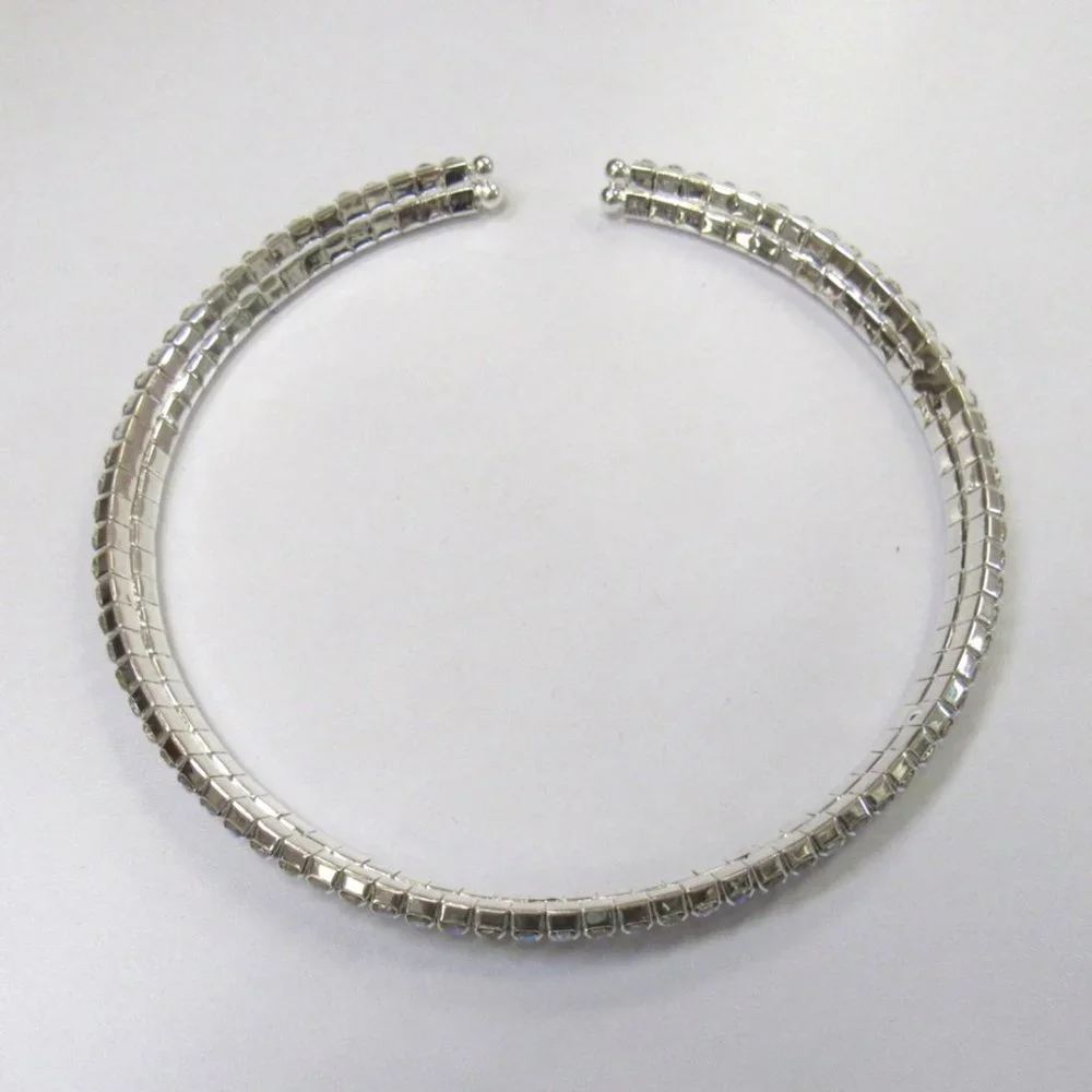 Silver Iridescent Flexible Rhinestone Choker Necklace Set Fancy Sparkle Bling - Picture 4 of 4